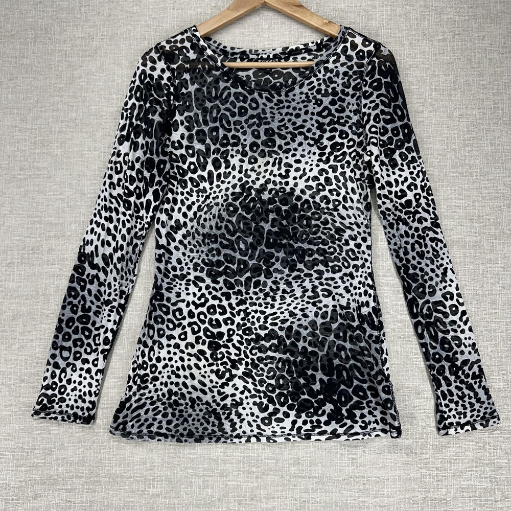 Express Shirt Womens‎ Medium Black Gray Semi-Sheer Leopard Print Long Sleeve
